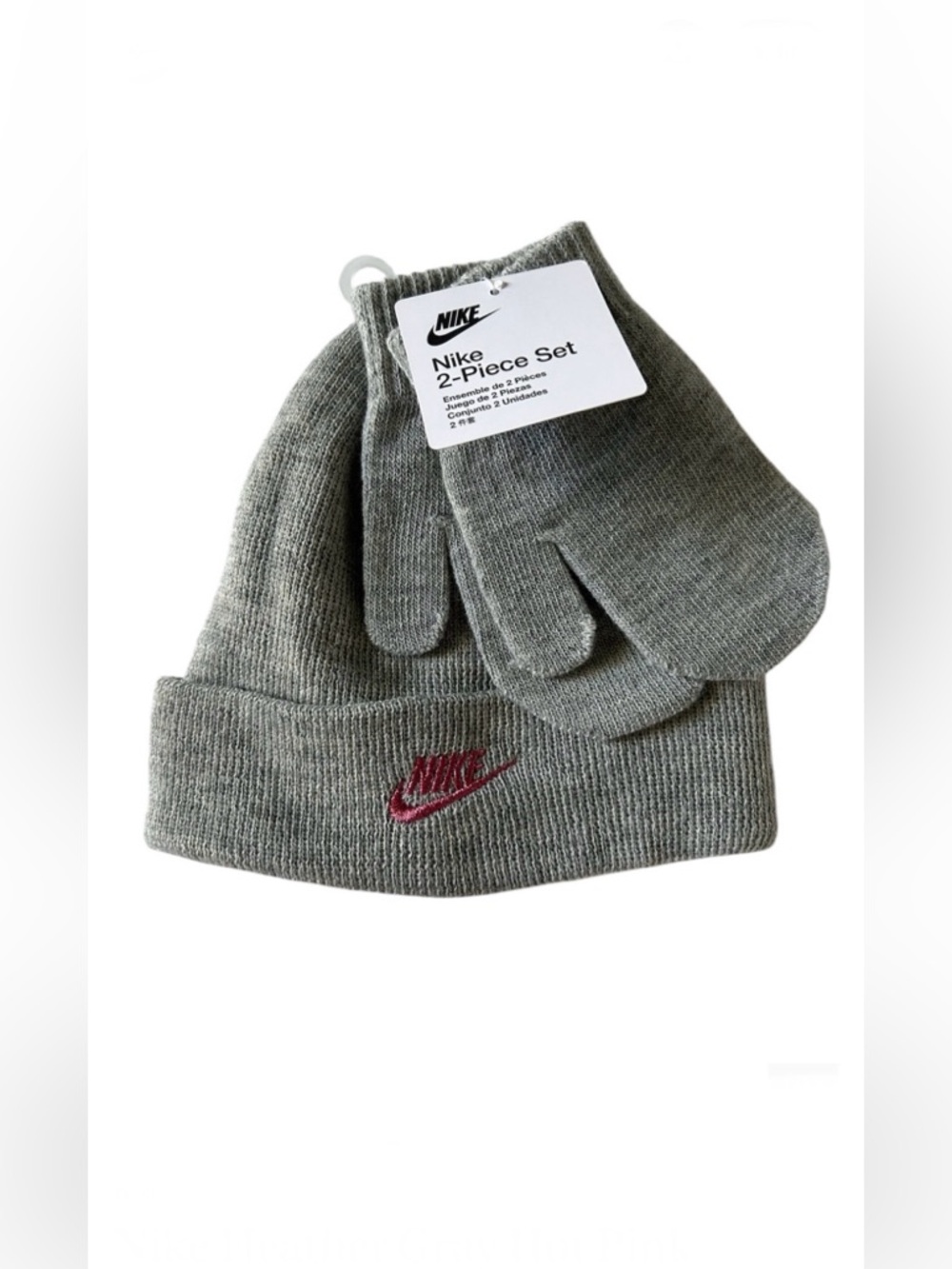 Nike Heather Gray Hot Pink Embroidered Fold Over Beanie and Mittens 2 Piece Set